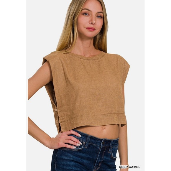 Tops - Zenana Womans Deep Camel Cropped Sleeveless Top Shirt Button Side Casual Chic